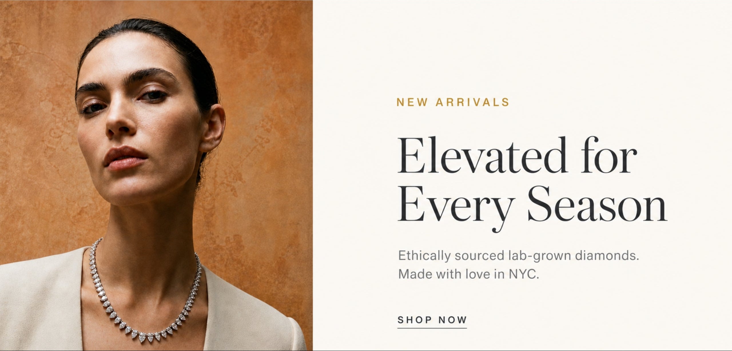 Advertisement featuring a woman wearing a necklace with text about ethically sourced lab-grown diamonds.