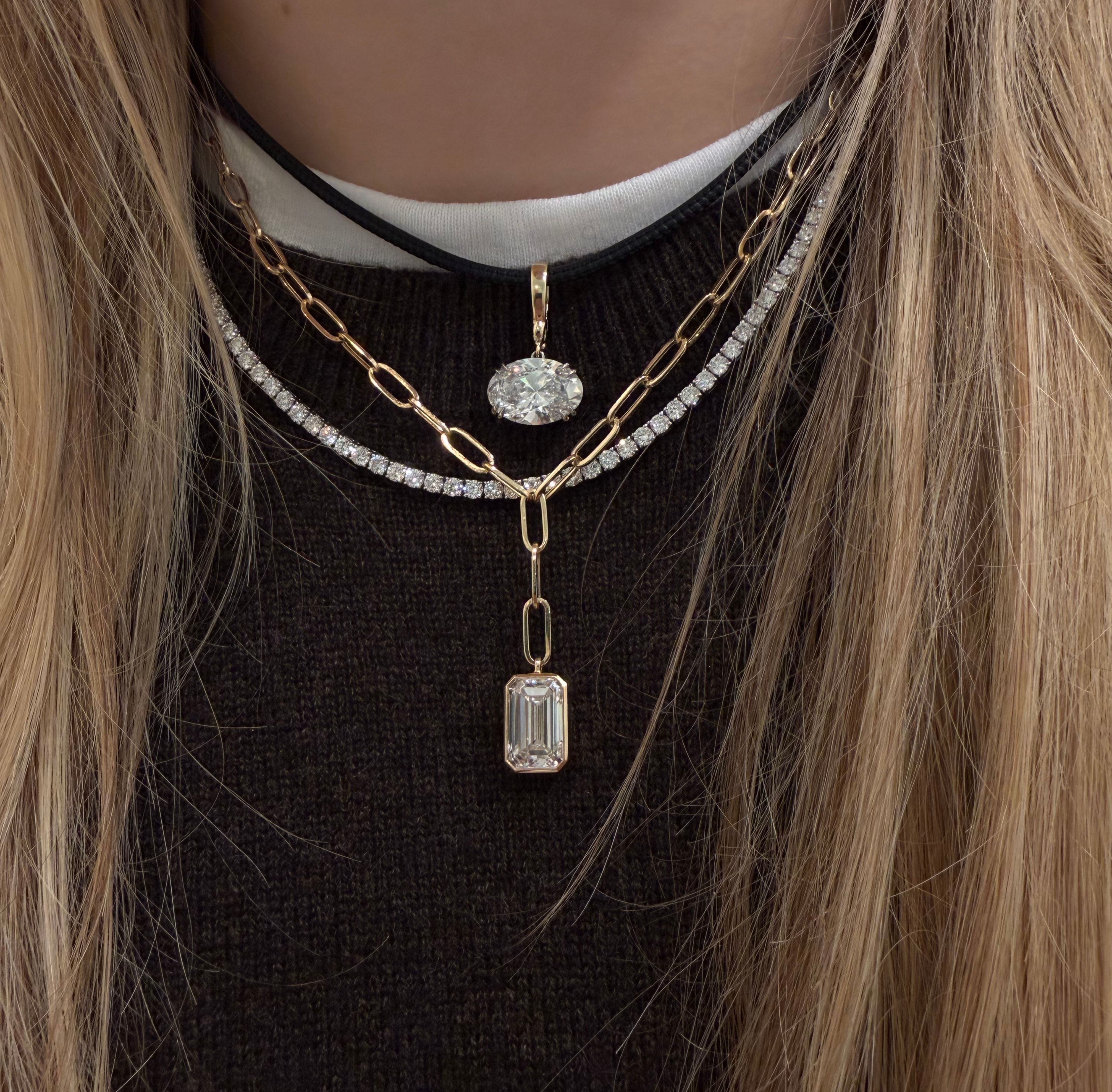 Hallie Emerald Diamond Lariat Paperclip Necklace