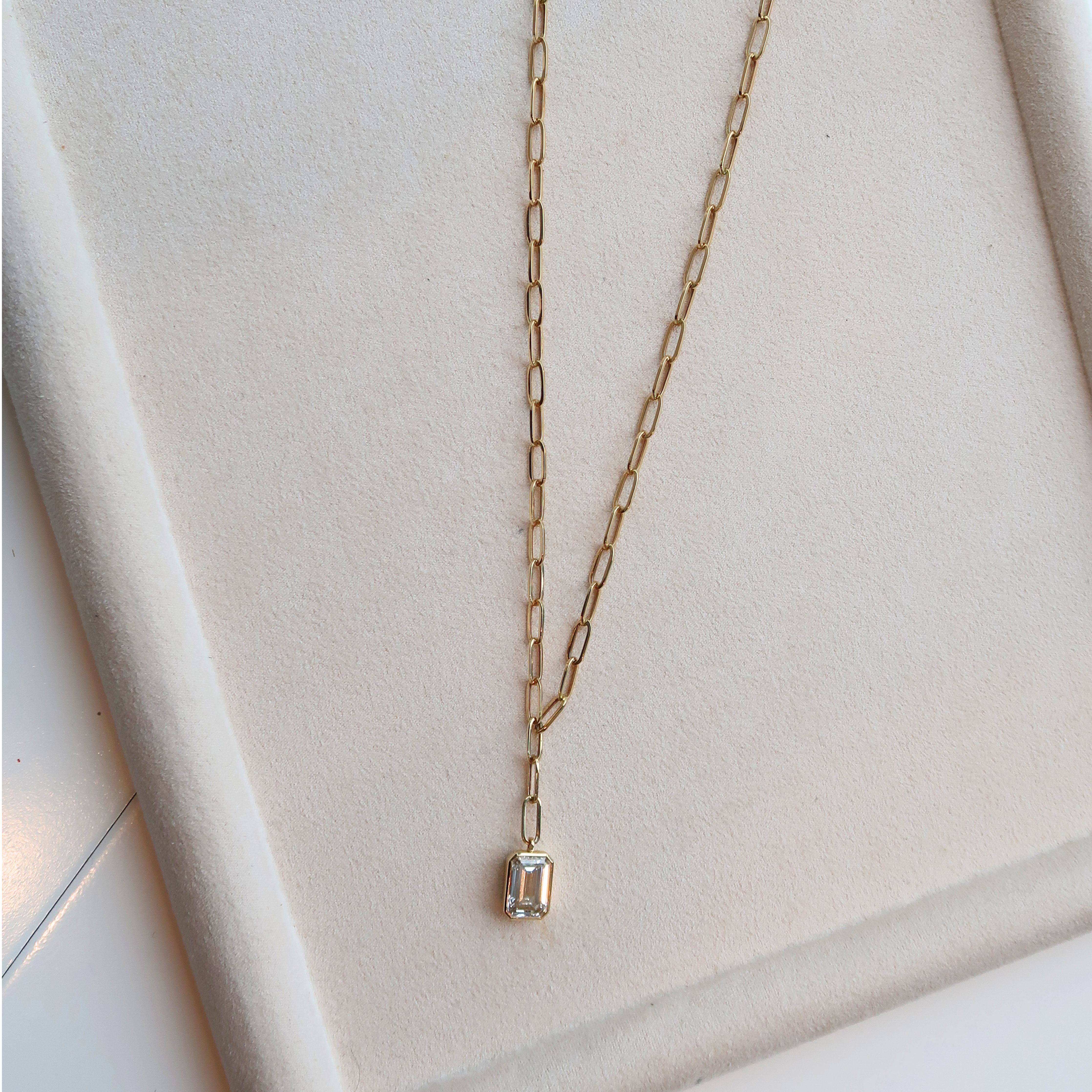 Hallie Emerald Diamond Lariat Paperclip Necklace